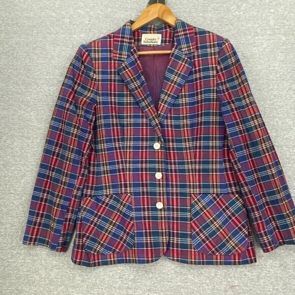 Country Suburbans Jackets & Blazers - Vintage Country Suburbans Blazer Womens 16 Blue Red Plaid Button Jacket UNION